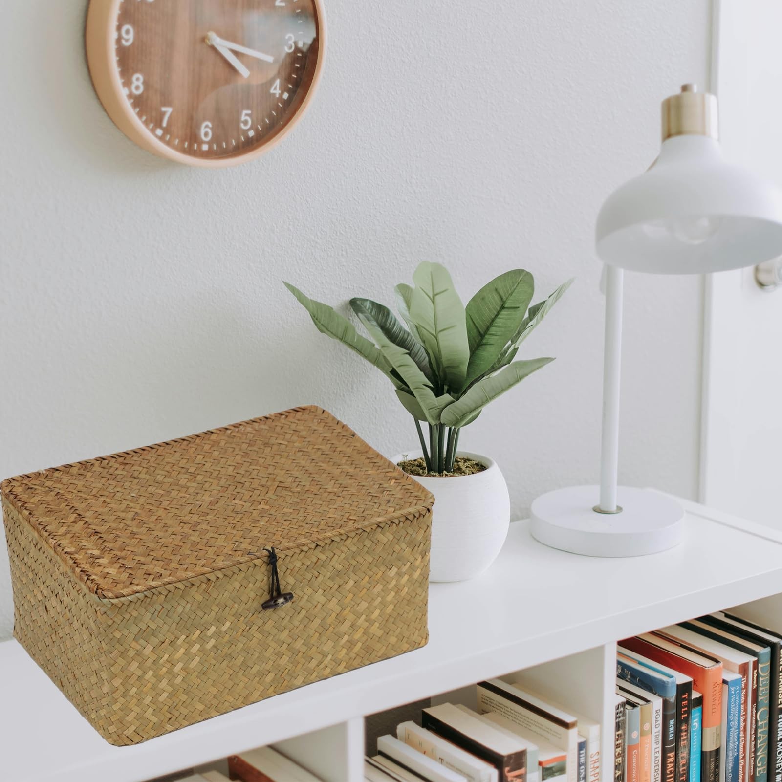 Wicker Storage Basket with Lid, Natural Seagrass Woven Shelf Basket for Stora...