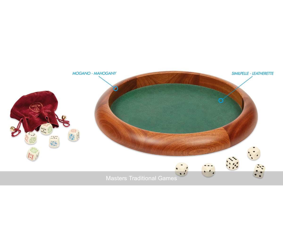Dal Negro Mahogany Dice Tray with Leatherette Surface and Dice (UK)