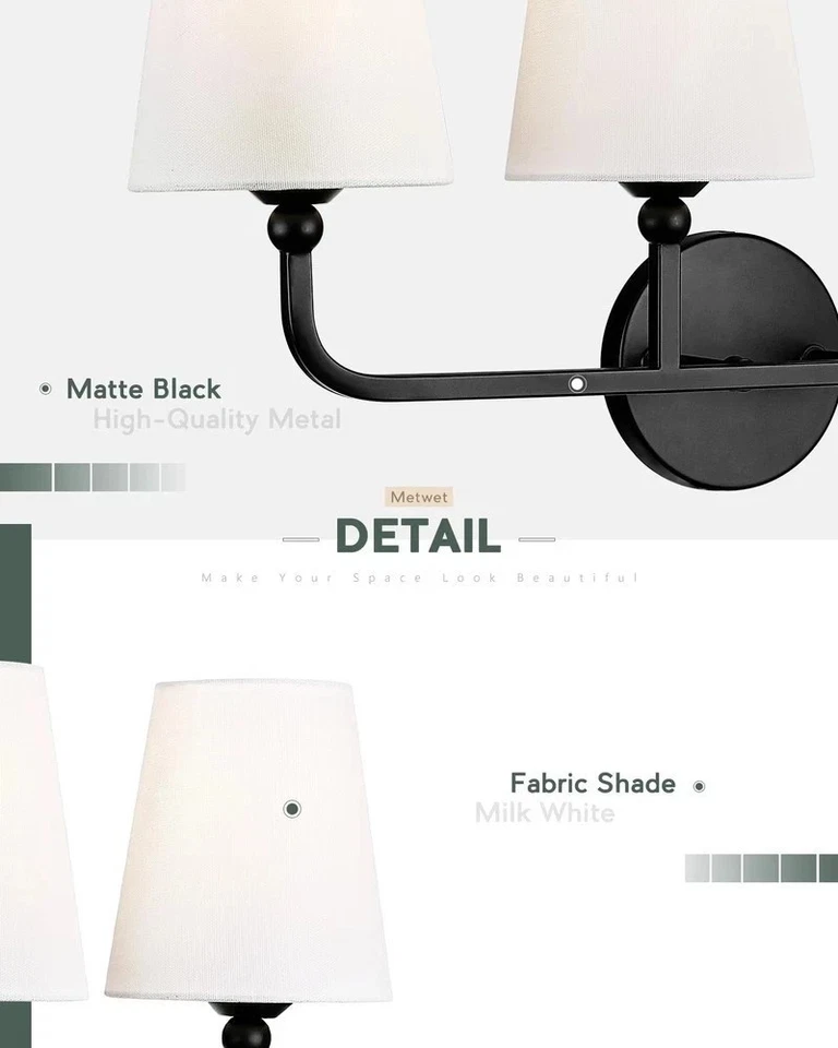 Lámparas de baño, luces de tocador negras mate con tela blanca acampanada S... Foto 3 de 4