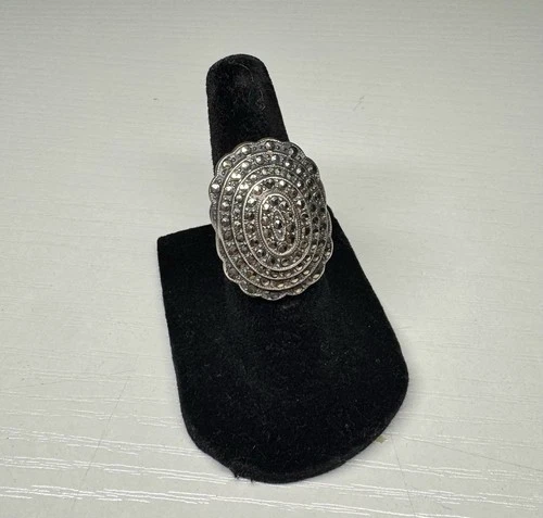 Antique Vintage Art Deco Sterling Ring Marcasite Large Oval Silver 925 Size 4.5