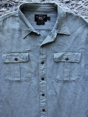 RRL Shirt Mens Large Blue Houndstooth Jersey Work Shirt Heritage Blue Double RL