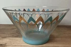 Vintage MCM Anchor Hocking Atomic Glass Bowl Large Turquoise Gold Starburst Arch