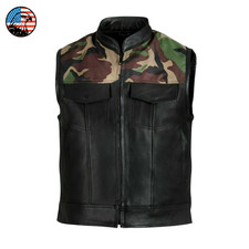 Mens Genuine Black Leather Hunting Vest Camouflage Outdoor Shooting Biker Rider
