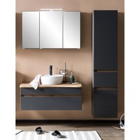 BadezimmermöBel Set Hochschrank Spiegelschrank Waschtisch Grau Eiche Waschbecken