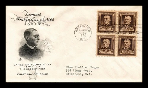 US COVER JAMES WHITCOMB RILEY FAMOUS AMERICANS FDC SCOTT 868 BLOCK OF 4