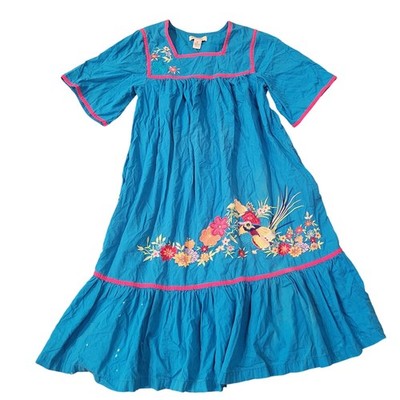 Vintage Womens Bechamel Patio (MuMu) Dress Size M Blue Embroidered Floral Garden