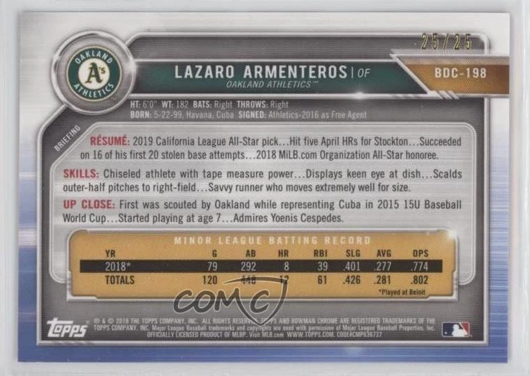 2019 Bowman Chrome Draft Sapphire Edition Orange /25 Lazaro Armenteros #BDC-198 - Image 2 of 2