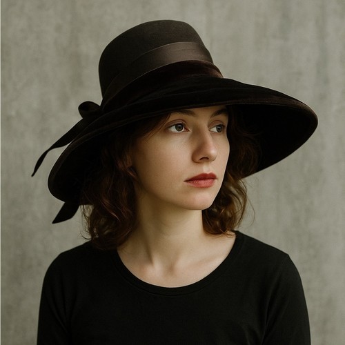 Sarasota by August Brown Wool Felt Hat Wide Brim Velvet Ribbon Bow Elegant Derby