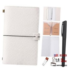 Regular Size Travelers Refillable Leather Journal Notebook with Pocket White