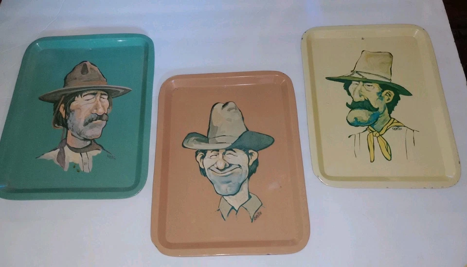 Raro Kersten Brothers Enesco 1979 Vaquero Arte Bandejas de Lata Decoración Occidental Conjunto de 3 Foto 3 de 4