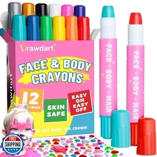 Drawdart Face Painting Kit for Kids- 12 Vibrant Colors Face Paint Crayons- Sa