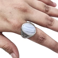 NATURAL BLUE LACE AGATE GEMSTONE 925 SOLID SILVER WEDDING TURKISH DESIGN RING
