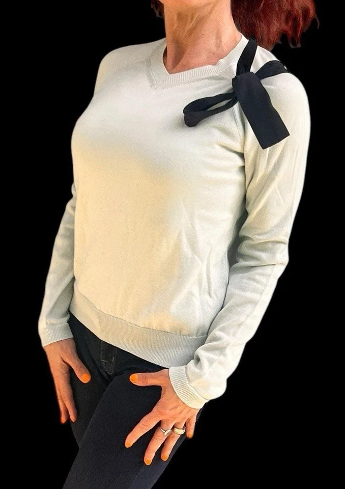 SUÉTER JUMPER ROJO VALENTINO VINTAGE MUJER AZUL CLARO ALGODÓN CUELLO EN V LAZO PEQUEÑO Foto 4 de 4