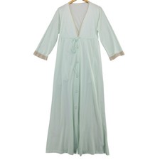 Vintage Vanity Fair Robe Sz L 36 Mint Green Lace Trim Long Sleeve Button Front
