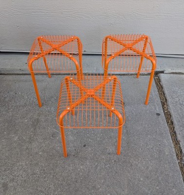 Vintage Set of 3 IKEA VÄSTERÖN Orange Metal Stools Tables