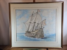 SIGNED A EDWARDS ENGLISH ELIZABETHAN GALLEON MARITIME ARTWORK GOLDEN HIND STYLE