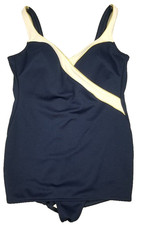 Longitude One Piece Swimsuit 20W Pin Up Blue White Skort 70s Style Vtg Bathing