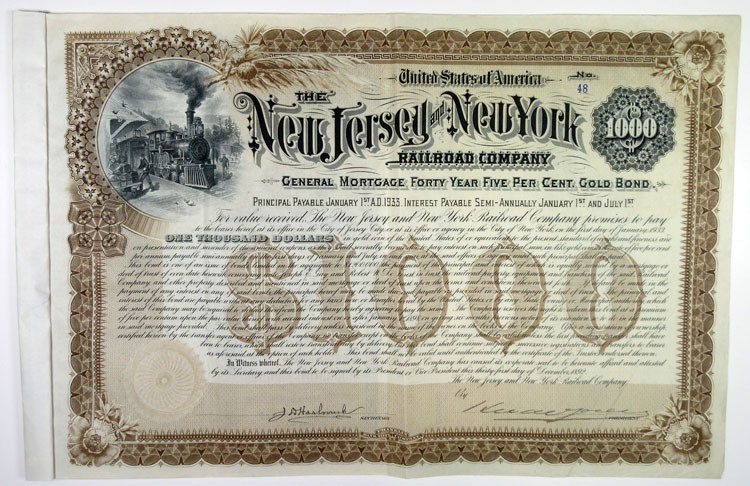 New Jersey and New York Railroad Co., 1892. I/U $1000 Gold Coupon Bond., XF-AU.