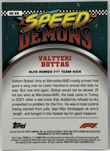 2023 Topps Chrome F1 Valtteri Bottas Speed Demons SD-VB Alfa Romeo Team Kick - Bild 2 von 2