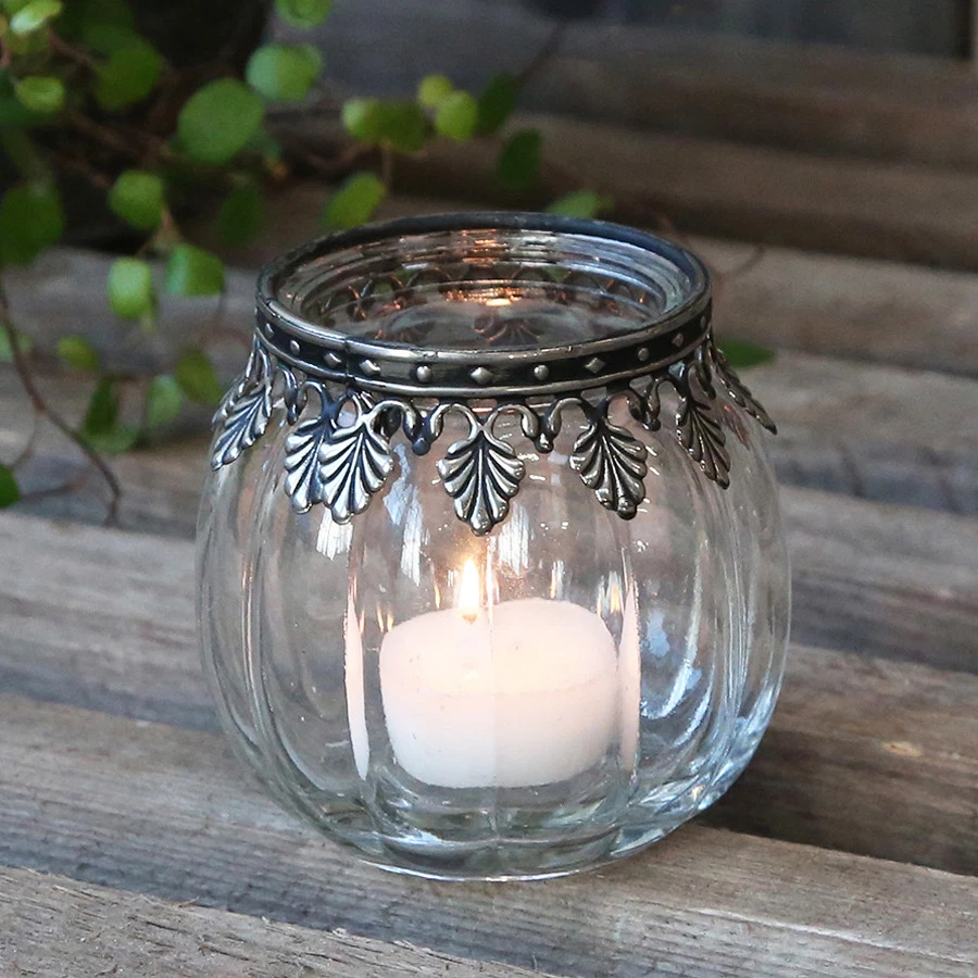 Vintage Style Glass Tea Light Candle Holder with Antique Silver Metal Decor