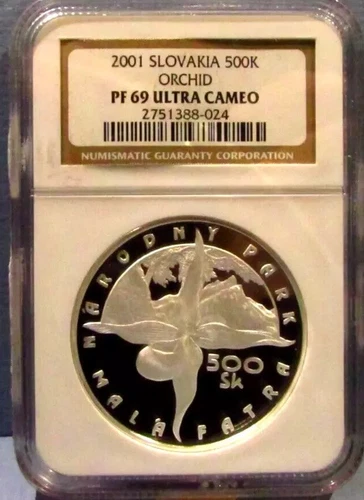 2001 Slovakia NGC 500 Korun NATIONAL PARK ORCHID INSECT Silver PROOF Coin Czech