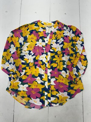 Womens Yellow Multicolor Floral Print Long Sleeve Button Up Size Large