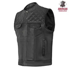 AM Leather Black Leather Vest Diamond Biker Vest Concealed Carry Black Waistcoat