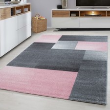 Modern Geometric Rug Pink and Grey Check Design Mat Large Bedroom Lounge Carpets