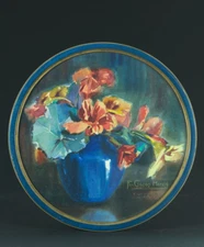 Vintage Watercolor Painting Herzig Art Deco Flower Bouquet Thoughts Vase Tondo