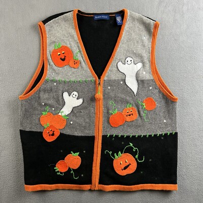 Vintage Halloween Sweater Vest XL Cats Fall Pumpkins Ghosts
