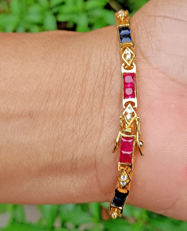 Tennisarmband 6,25 Ct Simulierte Rubin Saphir & Diamant 14k Gelbvergoldet - Bild 2 von 4