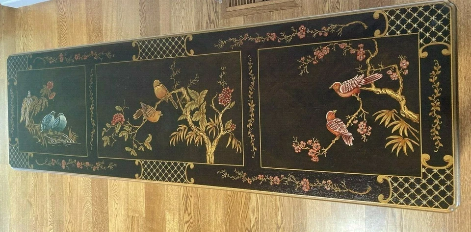 Mesa Consola Henredon Asiática Lacada Pájaros en Árboles Diseño Chinoiserie  Foto 2 de 4