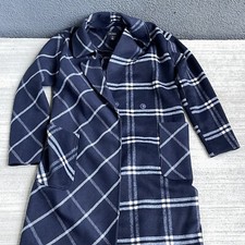 Halogen Womens Navy Plaid Coat Jacket Trench Size M