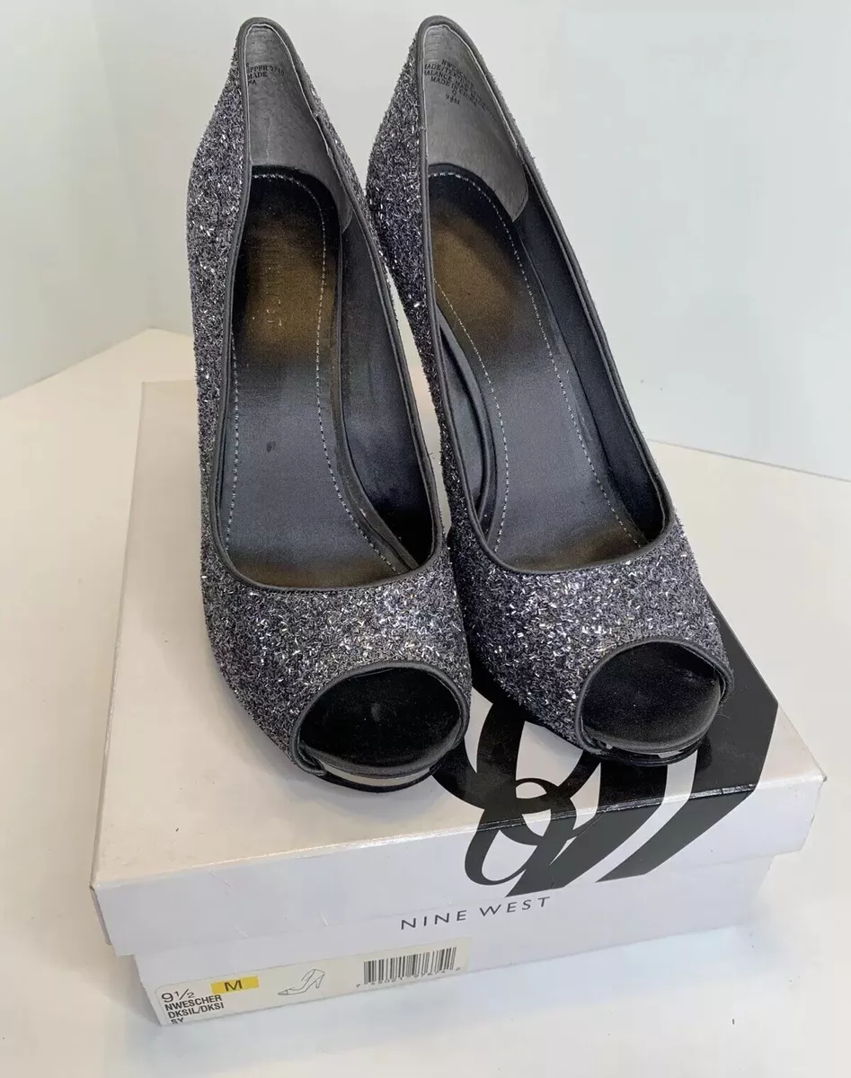 Women s Nine West 9.5 Pewter Gray Rhinestone Metallic Heels Open Toe Pretty