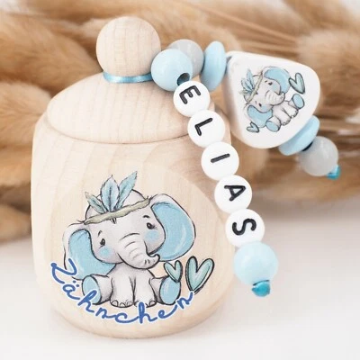 MOTZISBUNTEWELT Milchzahndose mit Namen ❤ Geschenk Junge Geburtstag hellblau natur Elefant