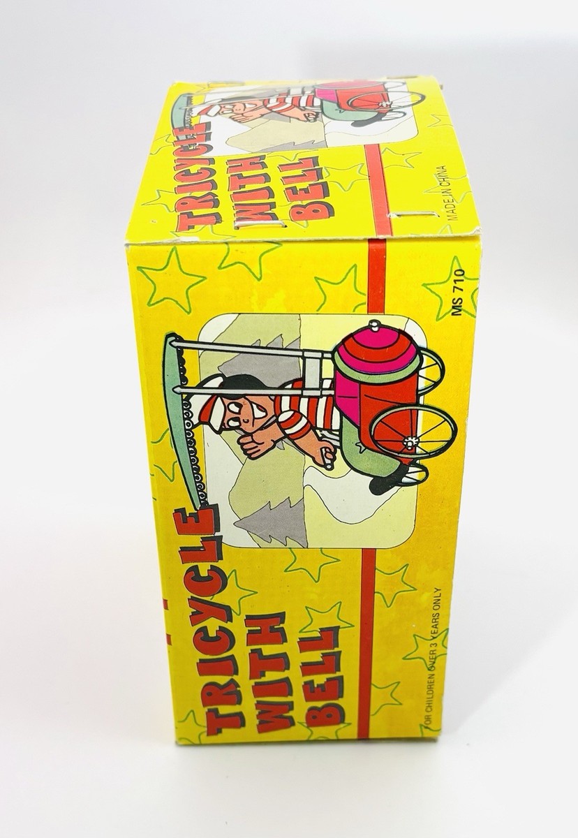 1990s Vintage TRICYCLE WITH BELL Wind Up Tin Toy In Original
