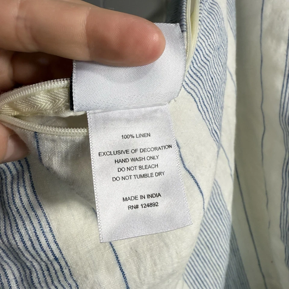 Serena Lily Throw Pillow Cover 100% Linen Square White With Blue Stripes - Image 4 of 4