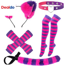 Pink Purple Striped Cat Costume Include Cat Ears Furry Tail Striped Socks for Ha