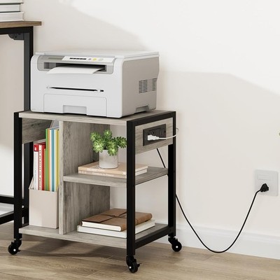 Printer Stand with Power Outlets,4-Tier Storage&Locking Wheels for Office Gray