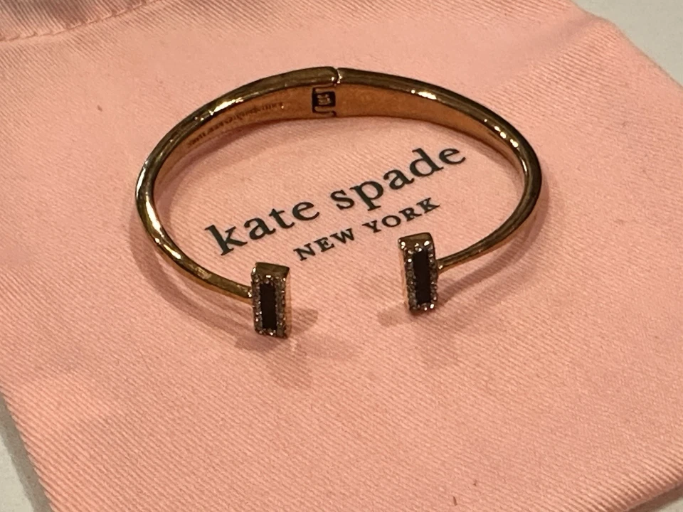 KATE SPADE RAISE THE BAR GOLD BLACK ENAMEL RHINESTONE OPEN CUFF HINGED BRACELET - Image 2 of 4