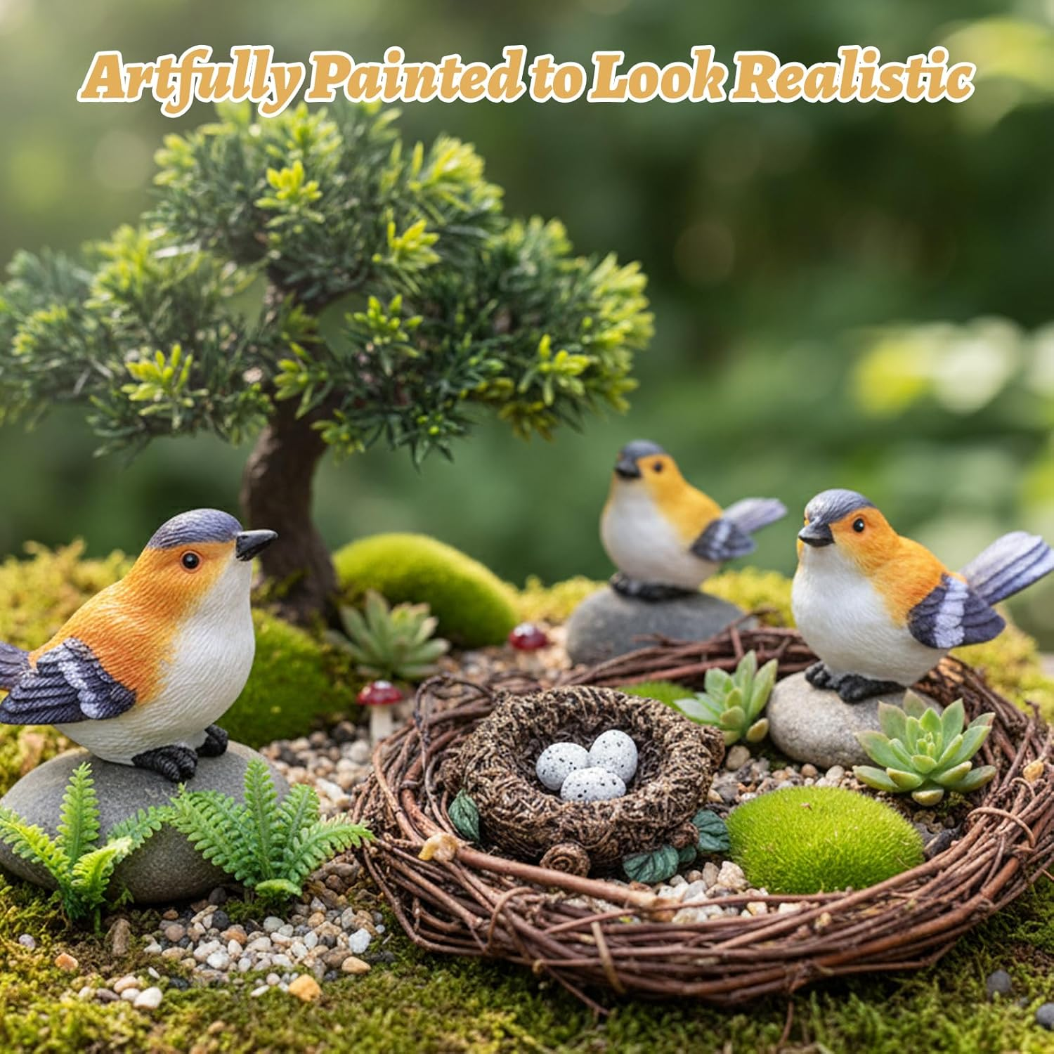 Robin Ornaments Set with Tree Stump, Robin Garden Ornaments Outdoor Featuring Th