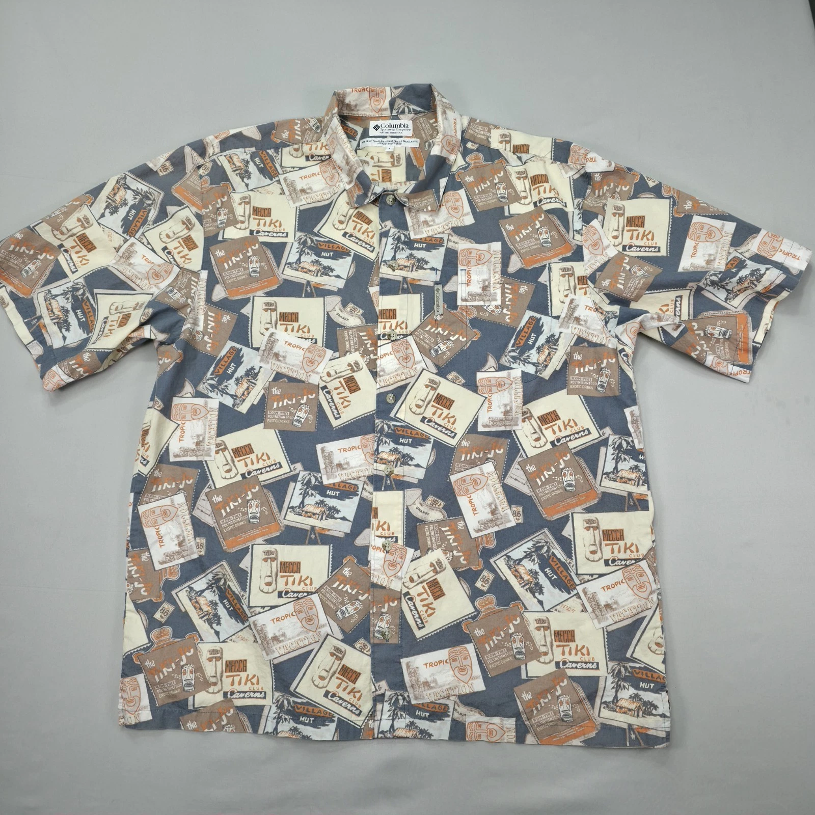 Columbia Hawaiian Shirt Mens Large Tiki Print Camp Collar Tropical Beach