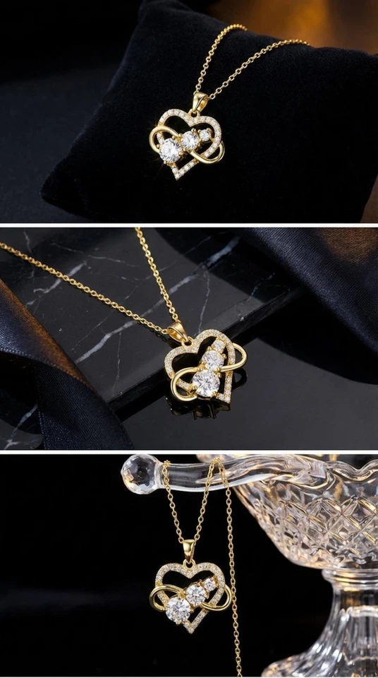 2crt Infinity Herz Moissanit Halskette 925 Sterling Silber Goldplattiert - Bild 3 von 4