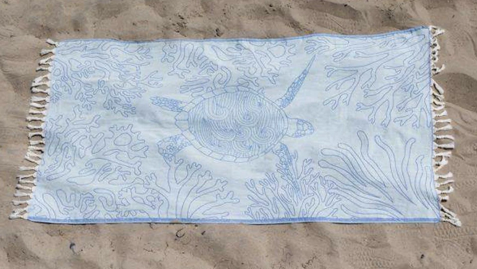 SAND CLOUD Blue Sea Turtle Coral Reef Turkish Beach Towel 70x37 - Image 2 of 4
