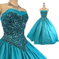 Vtg 80s Prom Dress Sz S/M Teal Sequin Pageant Strapless Full Skirt Floor Length