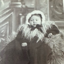 Antique Cabinet Card Photo Baby in Fur Coat & Bonnet Victorian Sepia