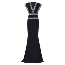 Tadashi Shoji Black Ivory Embroidered Trim V-Neck Gown Dress Size 16 NEW Evening