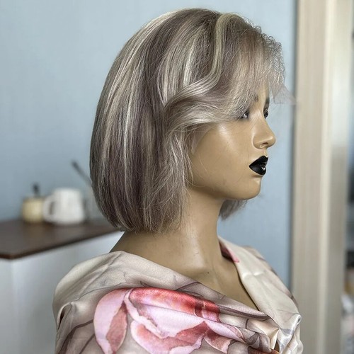 Grey #60 Highlight Human Hair Wigs Pre Plucked Short Bob Cut 13X4 Lace Front Wig - Picture 2 of 10