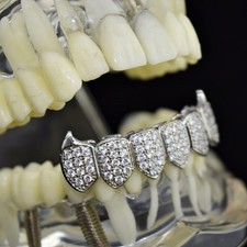 CZ Fangs Bottom Grillz Silver Tone Cubic Zirconia Micro Pave Lower Vampire Teeth
