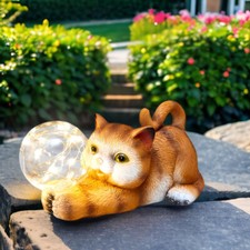 Solar LED Leuchte Katze Solarlampe Garten Dekofigur Außen Kugel Deko Leuchte